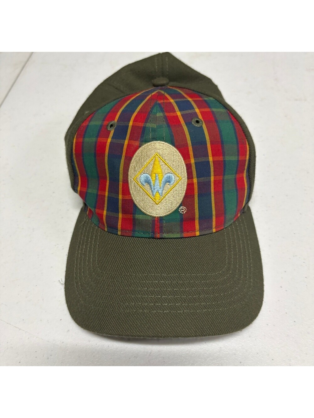 Boy Scouts Webelos Uniform Hat Cap M/L Olive Green Plaid Flex Fit